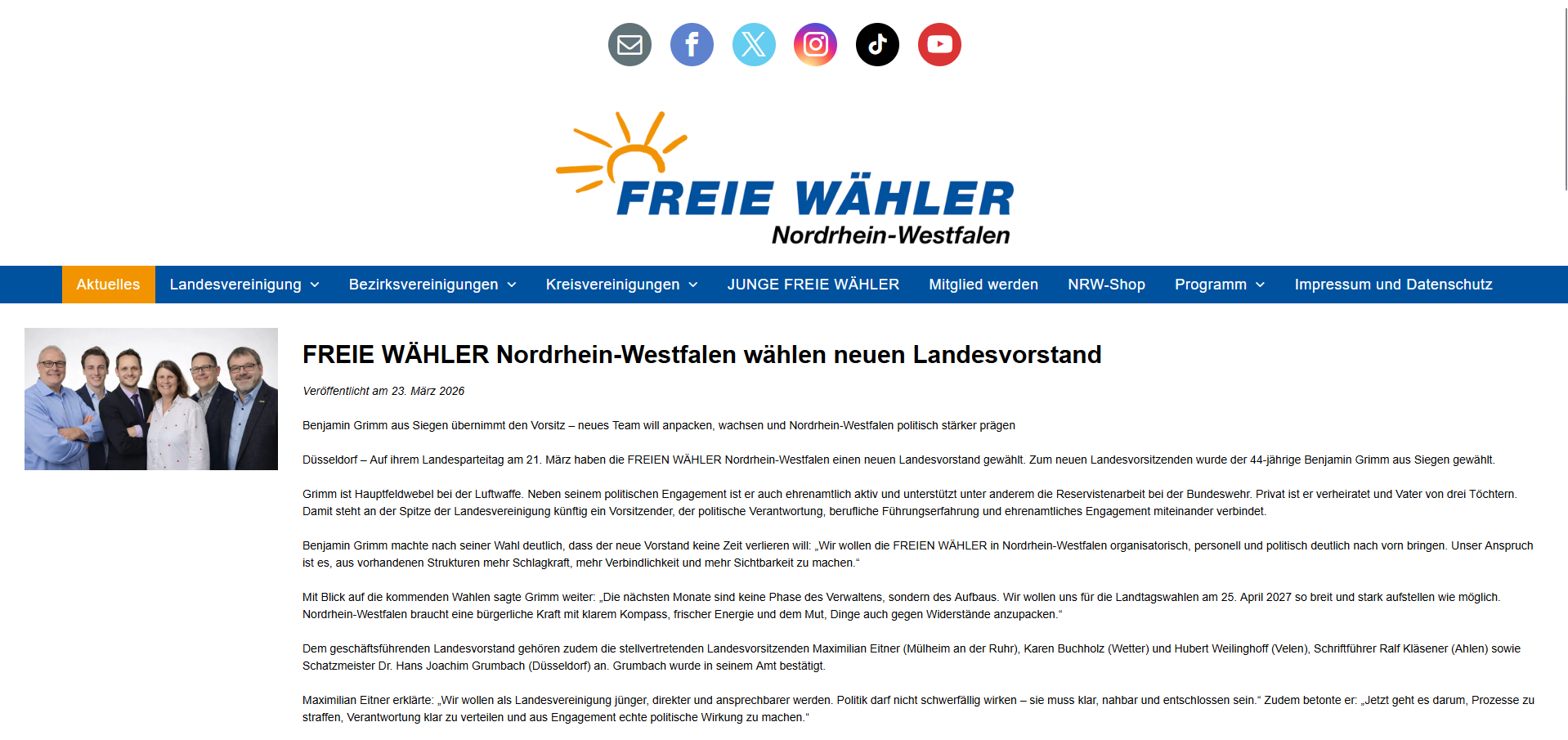 Screenshot der alten Website der FREIEN WÄHLER NRW vor dem Relaunch