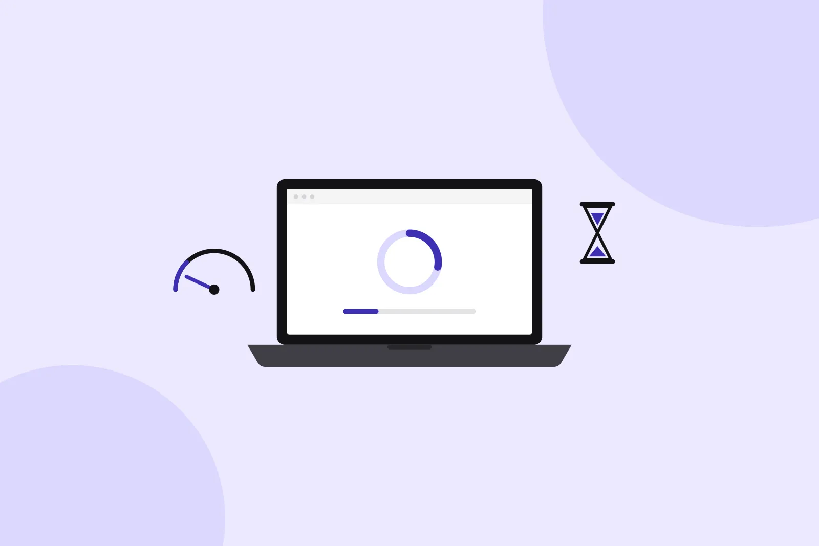 Illustration: Laptop mit Ladekreis und kaum gefülltem Fortschrittsbalken, daneben ein Tacho im langsamen Bereich und eine Sanduhr