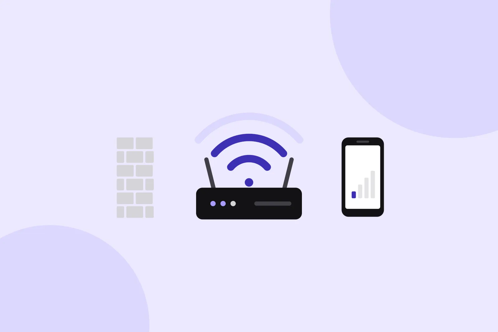 Illustration: WLAN-Router mit Funkwellen, daneben eine Wand und ein Smartphone mit nur einem Empfangsbalken